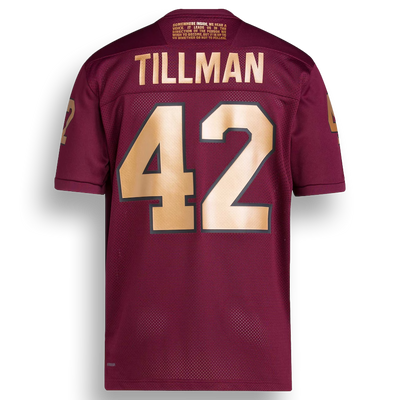 maroon football jersey back with Tillman and number 42 in gold across the back. Tillman quote in gold letters at the top of the back.