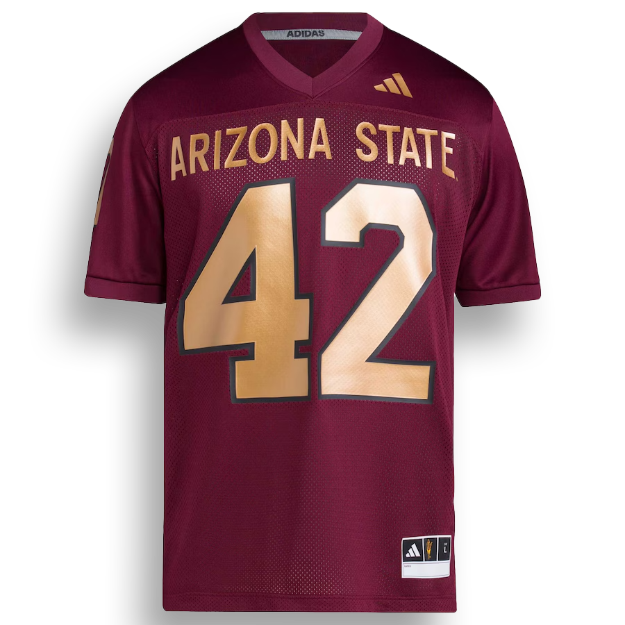 maroon football jersey with "Arizona State", the adidas logo, and number 42 in gold.  42 in gold on both sleeves.