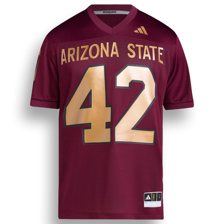 maroon football jersey with "Arizona State", the adidas logo, and number 42 in gold.  42 in gold on both sleeves.