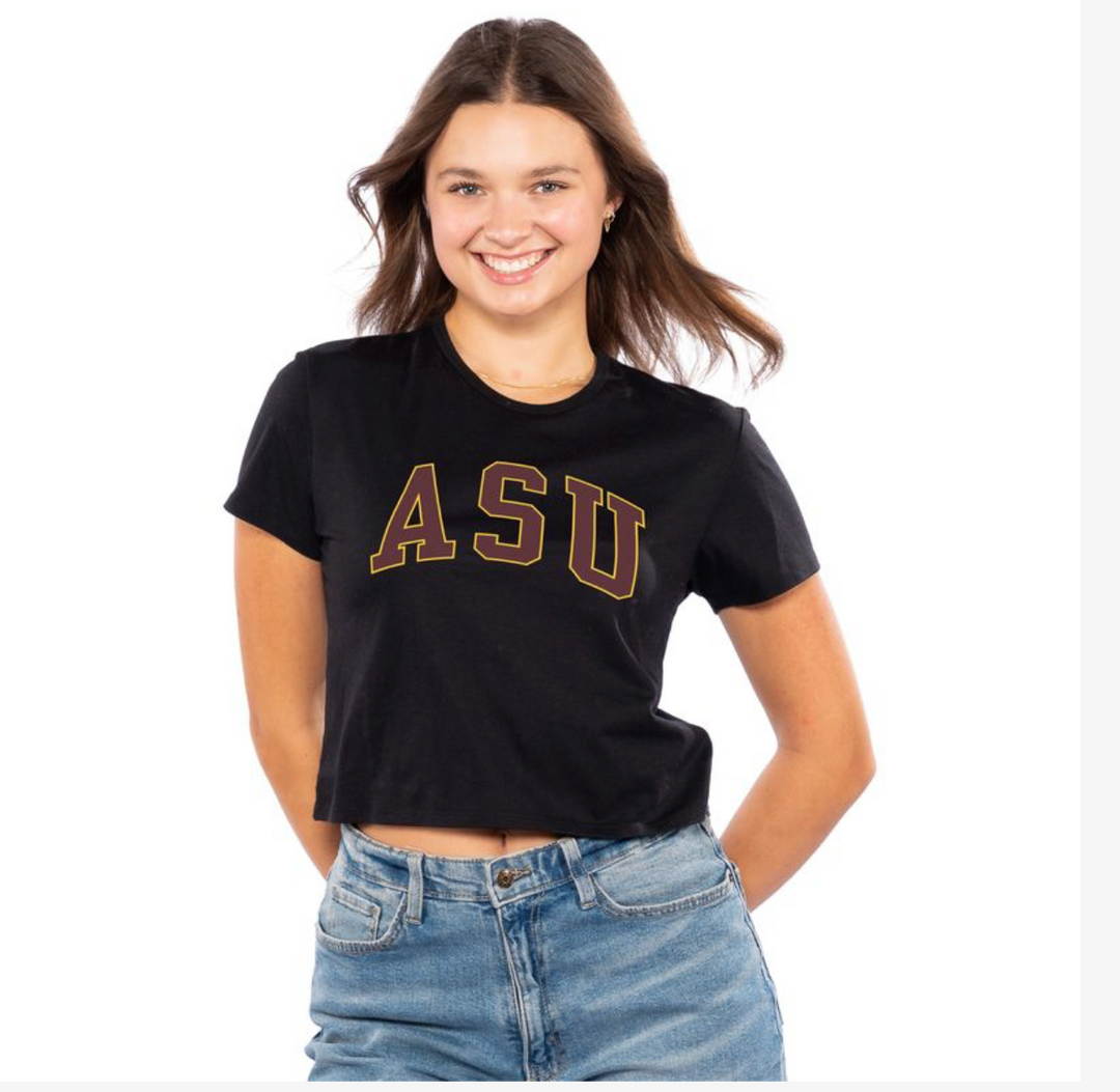 ASU Arched Ladies Crop Tee BLK