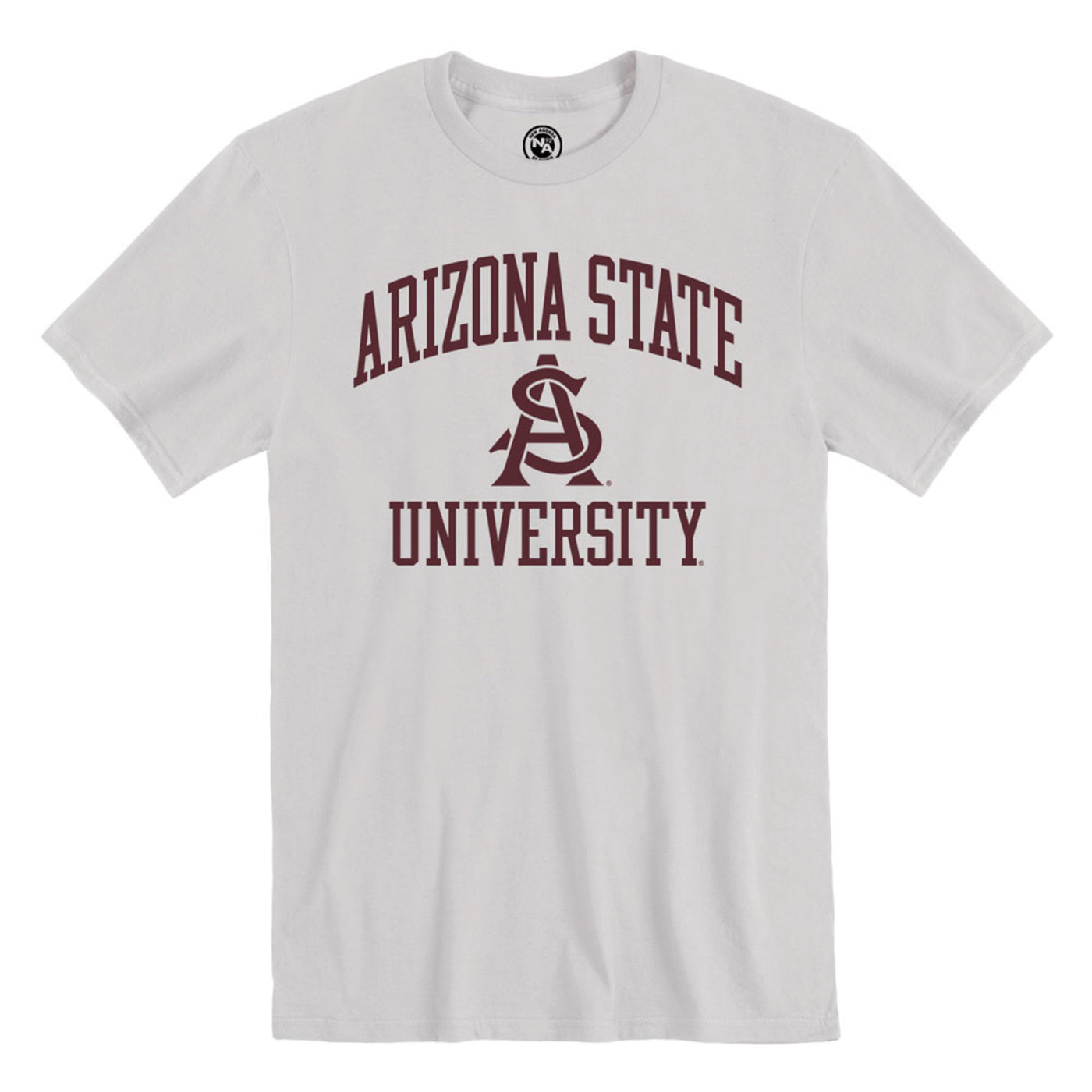 ASU grey tee shirt with the arched maroon text 