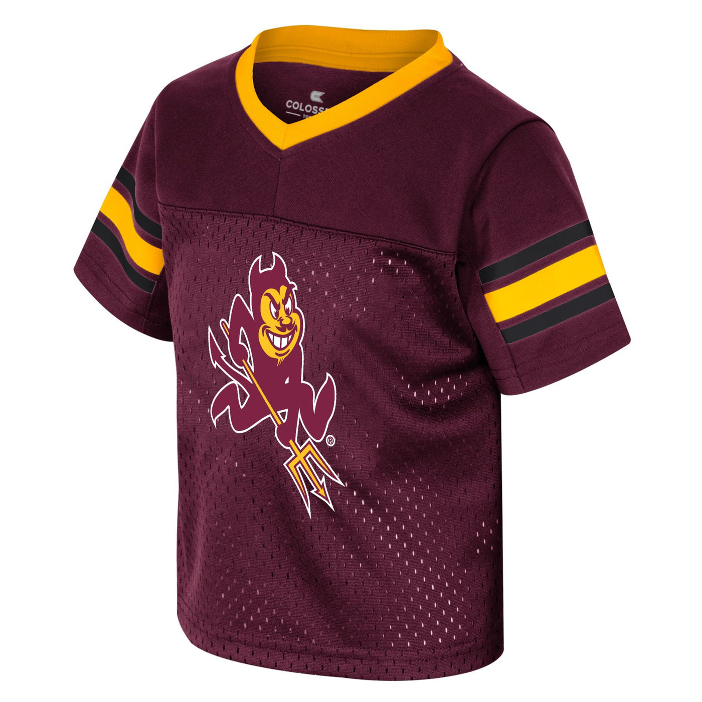 ASU maroon jersey with a gold stripe between two black stripes on both sleeves, gold collar and the Sparky mascot on the front. 