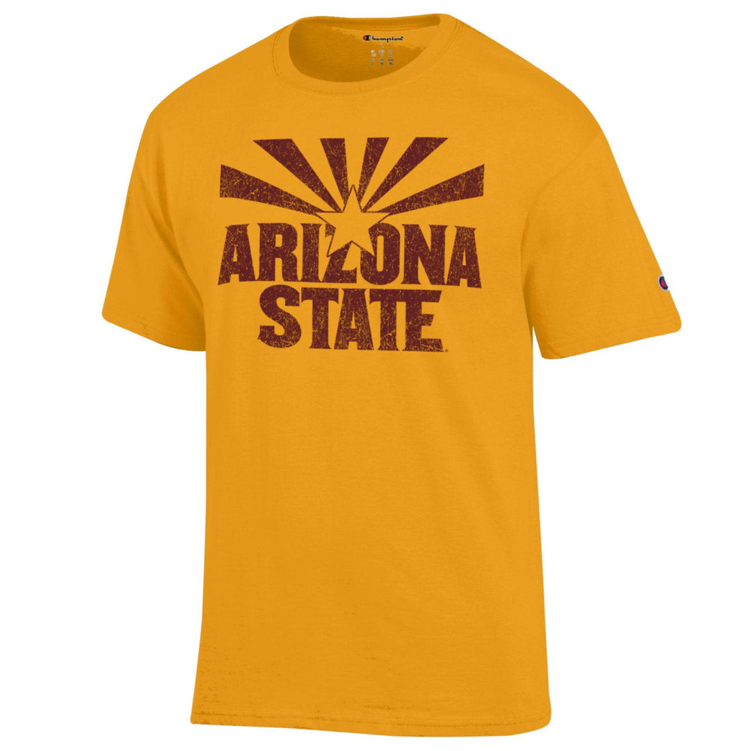 Gold short sleeved tee with maroon outline of Arizona flag over 'Arizona State'