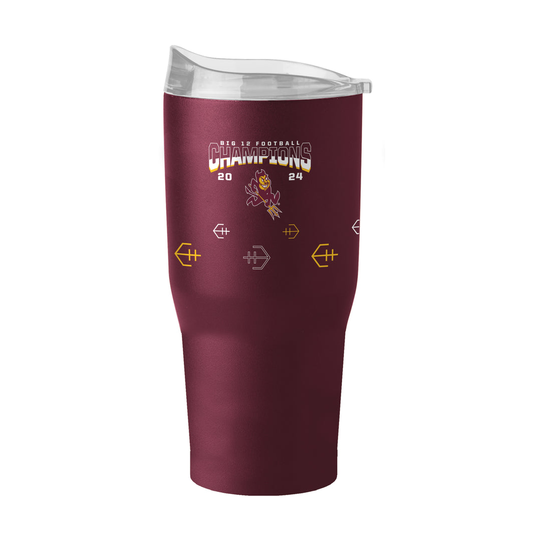 Maroon tumbler with clear sip lid and "Arizona State" in maroon on top, Playoff Quarterfinal and Chick-Fil-A Peach Bowl logos in the center, "2024" in gold on the bottom above maroon and gold and white stylized half footballs