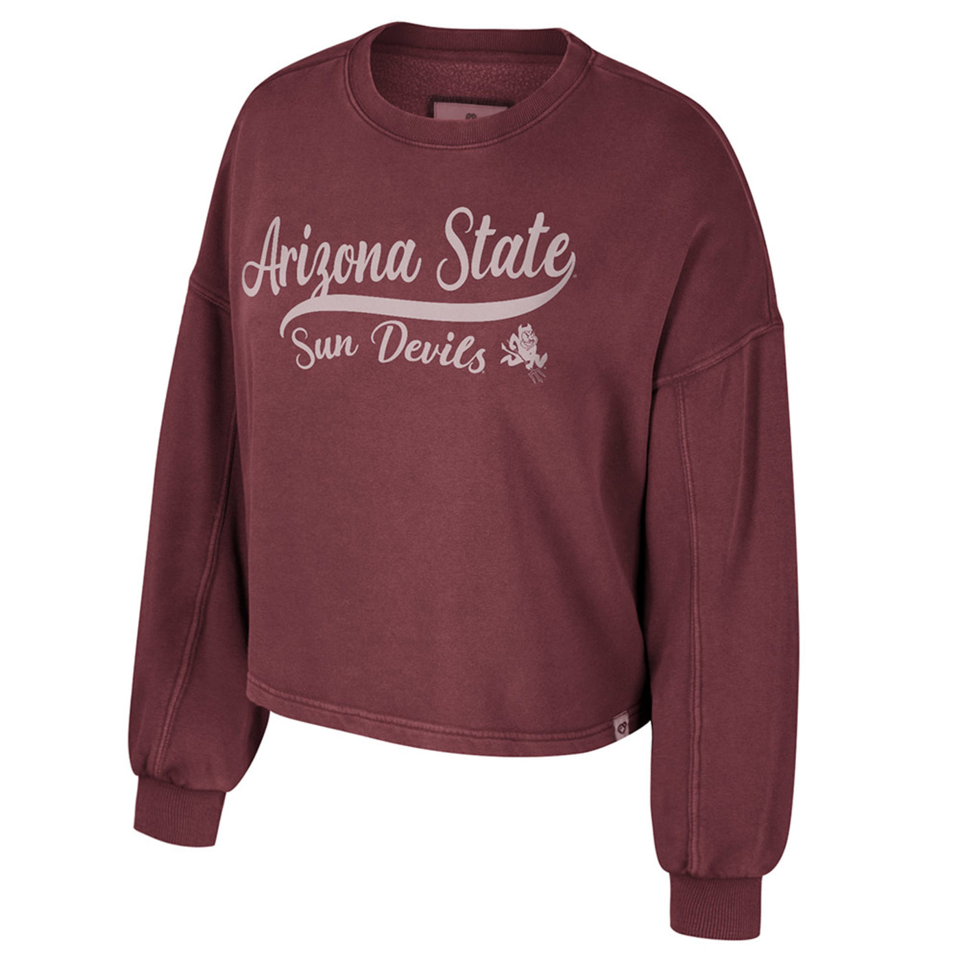 ASU maroon crewneck sweatshirt. Across the chest reads 