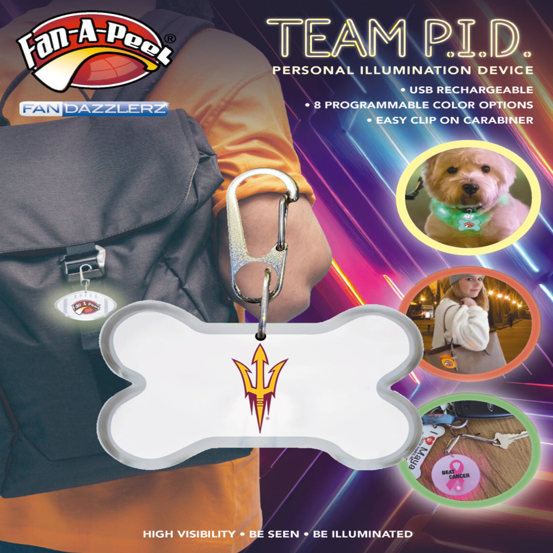 Plastic collar charm with maroon and gold pitchfork and metal clip.