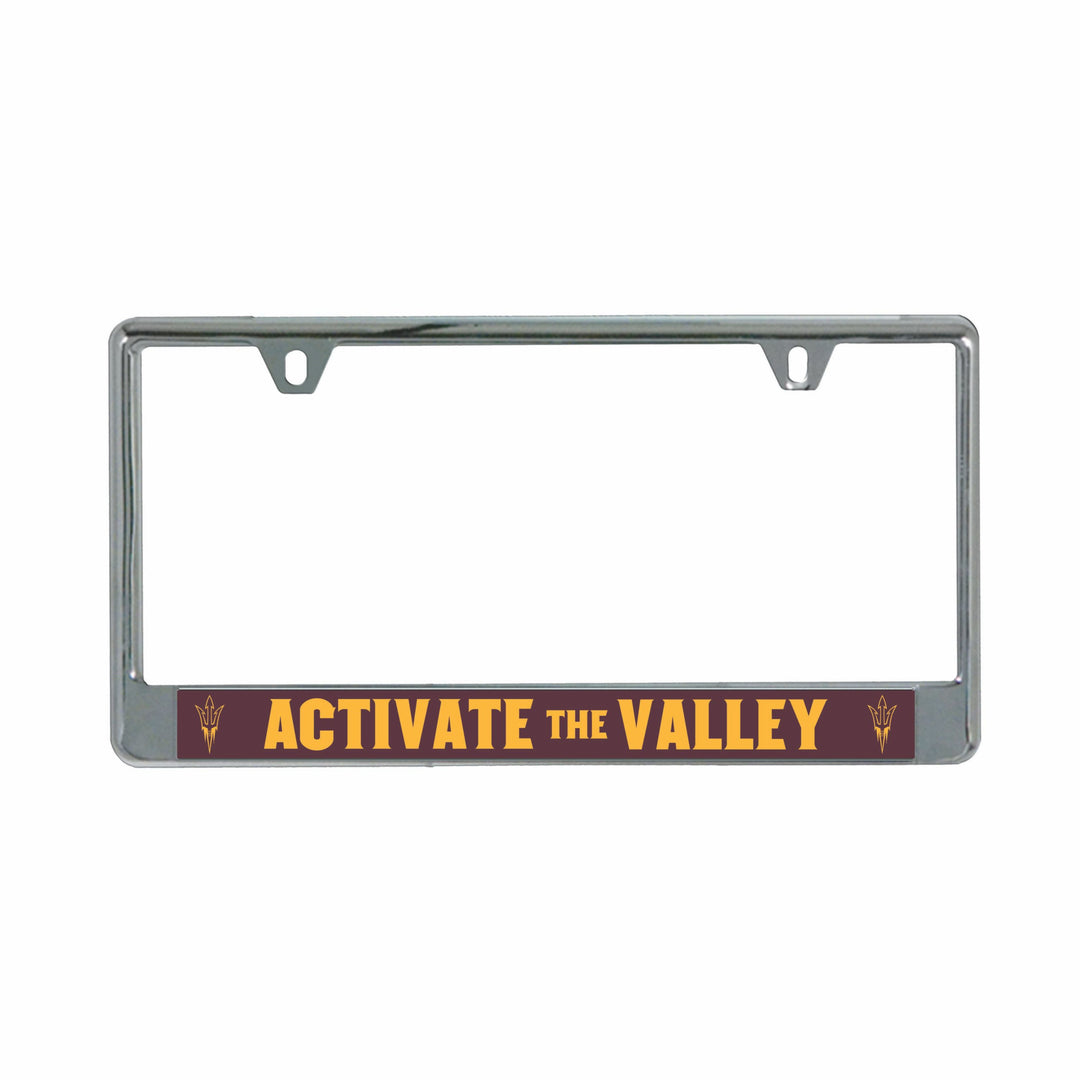 Metal license plate frame with maroon banner on the bottom with 'Activate the Valley' in gold framed with gold pitchforks on either side.