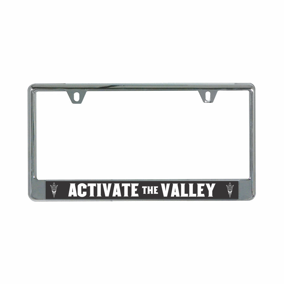Metal license plate frame with black banner on the bottom with 'Activate the Valley' in white framed with white pitchforks on either side.