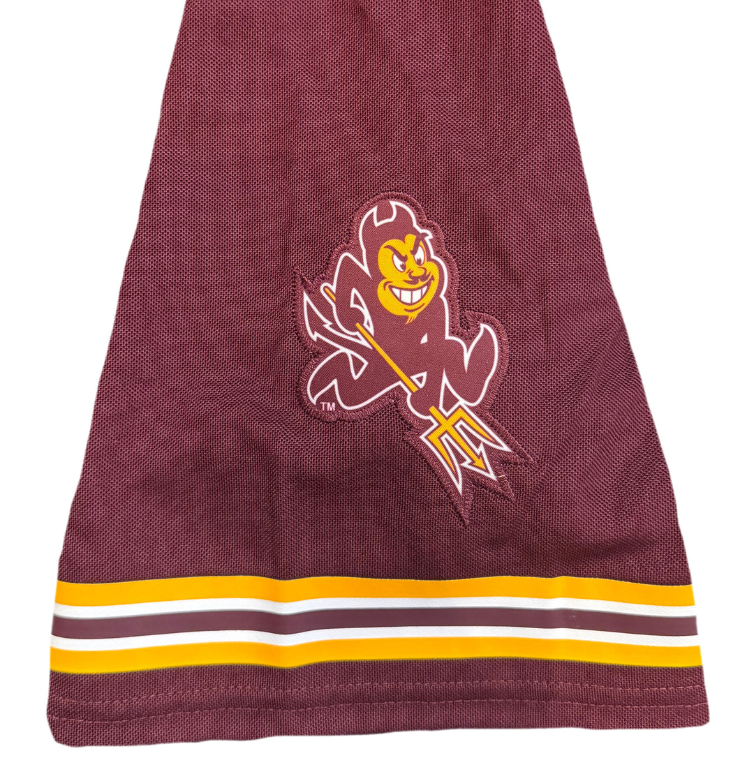 Maroon sleeve with maroon and gold Sparky patch above maroon, whote, and gold stripes lining the hem