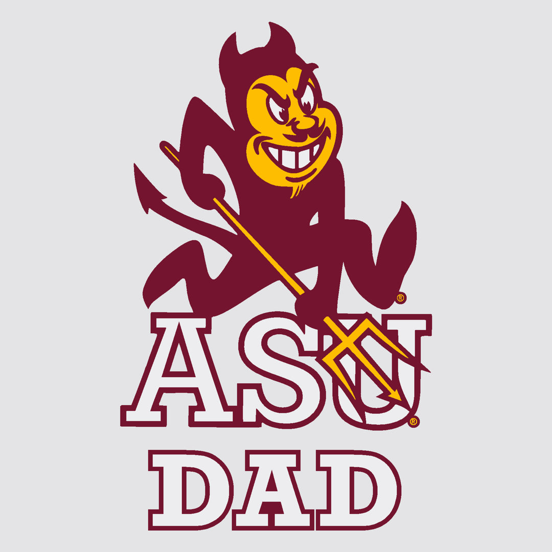 Decal of Sparky logo above text that says 'ASU Dad' in white, outlined in maroon.