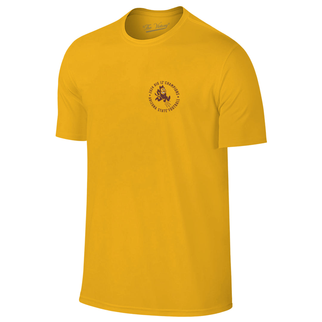 gold short sleeve tee with charging Sparky and "2024 Big 12 Champions Arizona State Football" circling on the left breast
