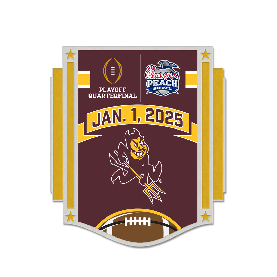 Maroon pin with gold staggered sides, "playoff quarterfinal" with logo in upper right corner, "Chick-Fil-A Peach Bowl" logo in upper left corner, "Jan. 1, 2025" over charging Spraky, football at the bottom