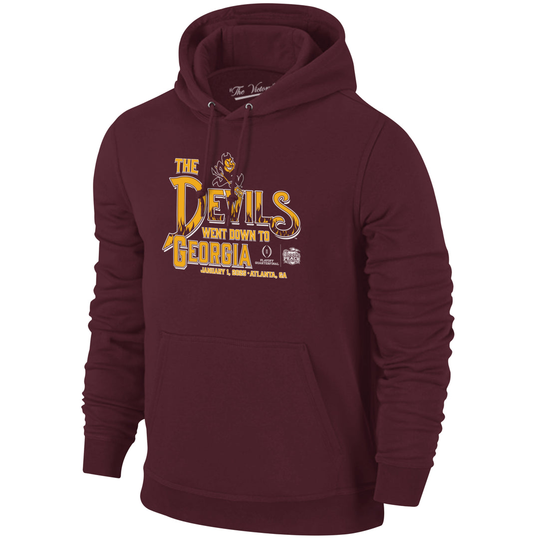 Long sleeve maroon hoody with kangaroo pocket in the front, "The Devils Went Down to Georgia, January 1, 2025" in gold stacked writing with Playoff Quarterfinal and Chick-Fil-A Peach Bowl logos in white print next to it