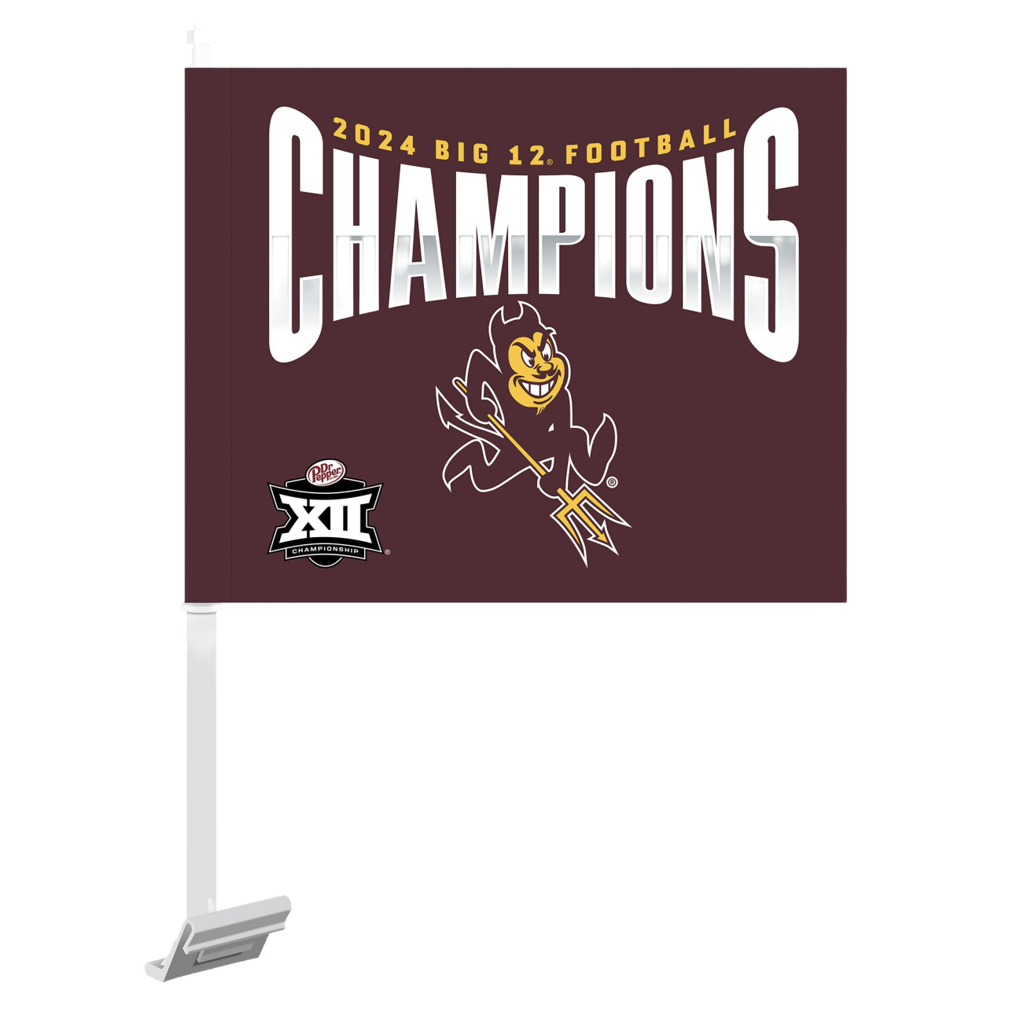 Maroon car window flag "2024 Big 12 Football Champions" over charging Sparky, Big XII logo in left corner