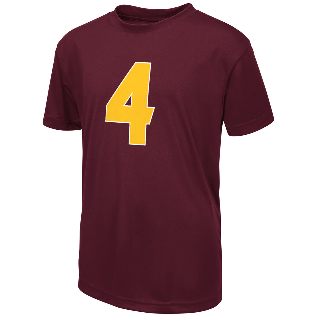 Short sleeve maroon tee with enlarged gold "4" across the chest