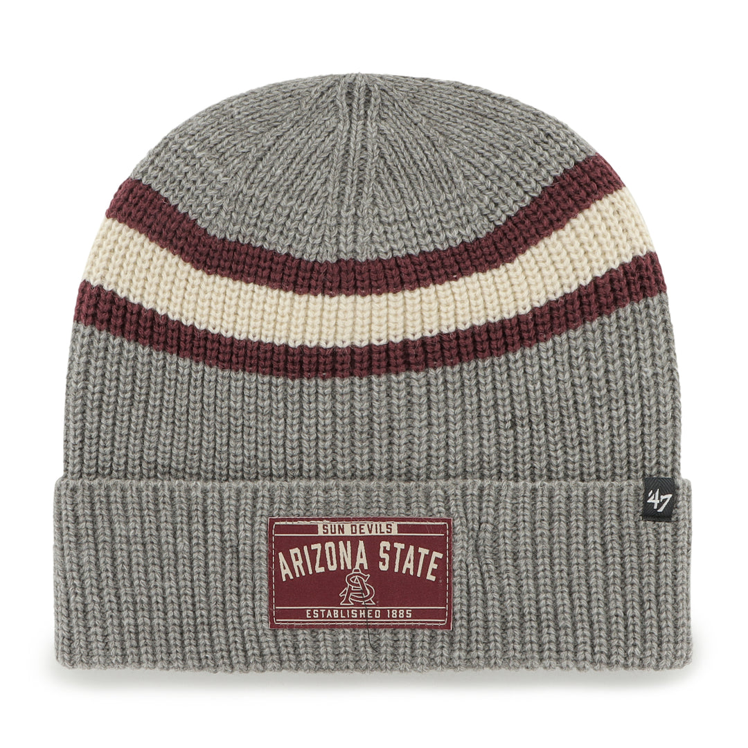 Grey knit with white stripe at the top outlined with maroon, maroon patch on the from "Sun Devils" above "Arizona State" interlocking A&S "Established 1885"
