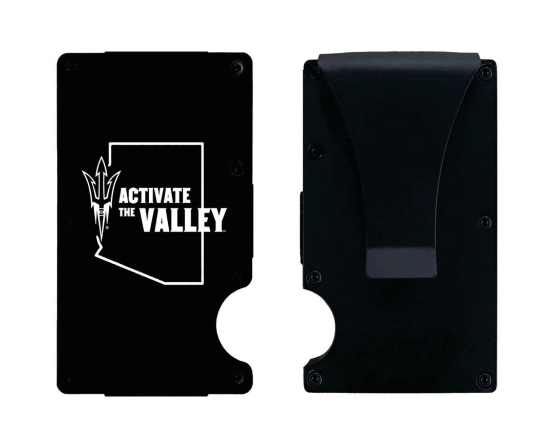 Front and back of metal phone wallet with 'Activate the valley' in white and an outline of the state of Arizona in white.