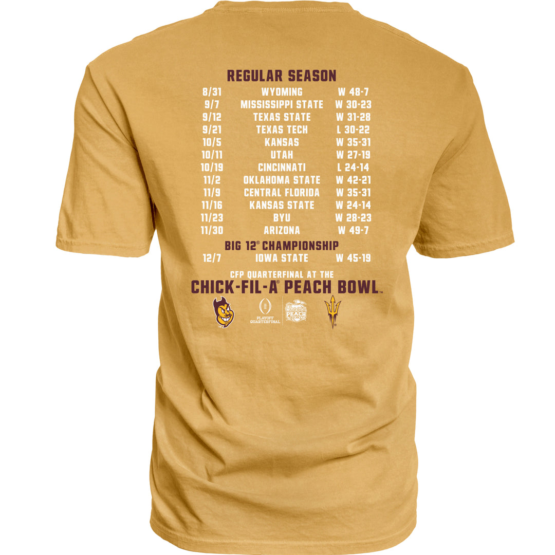 Short sleeve gold tee with ASU football season 2024-25 through Chick-Fil-A Peach Bowl listed, Sparky head Playoff Quarterfinal and Chick-Fil-A Peach Bowl logos and maroon and pitchfork on the bottom 