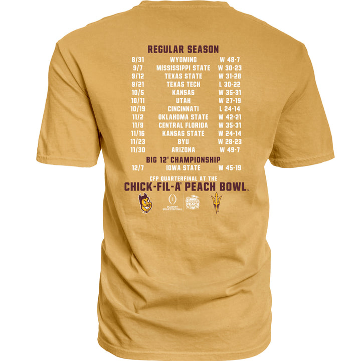 Short sleeve gold tee with ASU football season 2024-25 through Chick-Fil-A Peach Bowl listed, Sparky head Playoff Quarterfinal and Chick-Fil-A Peach Bowl logos and maroon and pitchfork on the bottom 