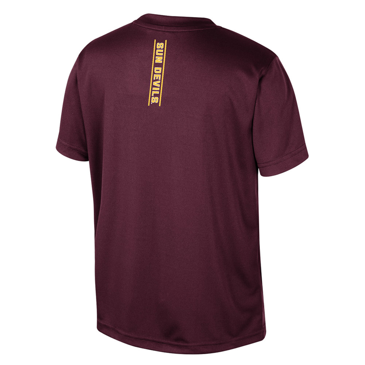 Back of maroon ASU kids t shirt. Along the back of the should area reads 