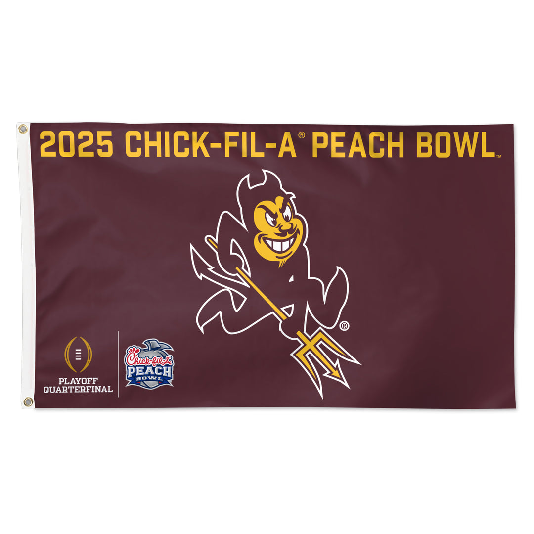 ASU 3 by 5 foot maroon flag with sparky logo in center and "2025 Chick-fil-a peach bowl" in gold across the top. College football and peach bowl logos are smaller in bottom left corner