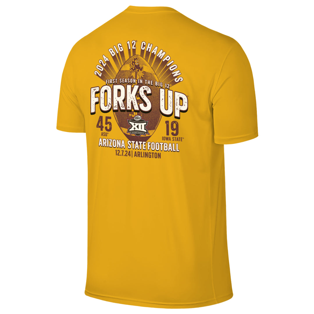 Gold short sleeve tee with "2024 Big 12 Champions" arched over "First season in the Big 12" above enlarged "Forks Up", "Arizona State Football" on the bottom with "12.7.25 | Arlington" underneath, football with sparky on the top and ASU 45 and Iowa State 19 in the background