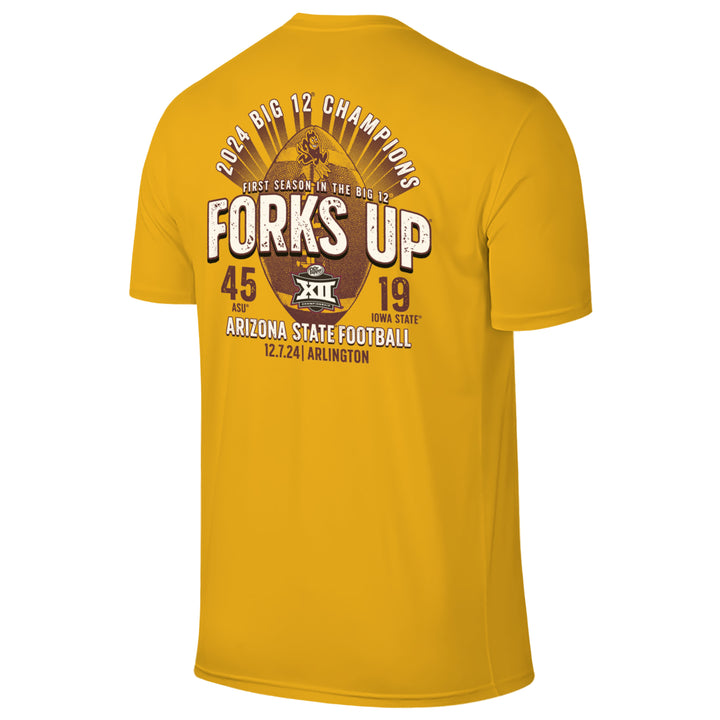 Gold short sleeve tee with "2024 Big 12 Champions" arched over "First season in the Big 12" above enlarged "Forks Up", "Arizona State Football" on the bottom with "12.7.25 | Arlington" underneath, football with sparky on the top and ASU 45 and Iowa State 19 in the background