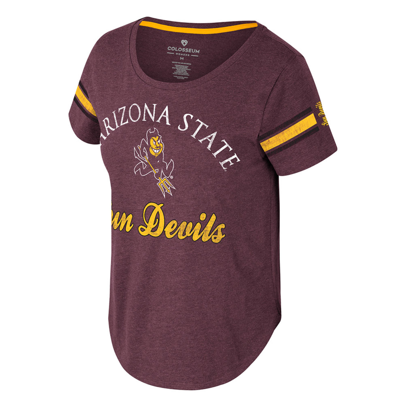 ASU Maroon ladies tee. A solid gold line between two solid black lines are wrapped around the sleeves. At the end of these lines reads 