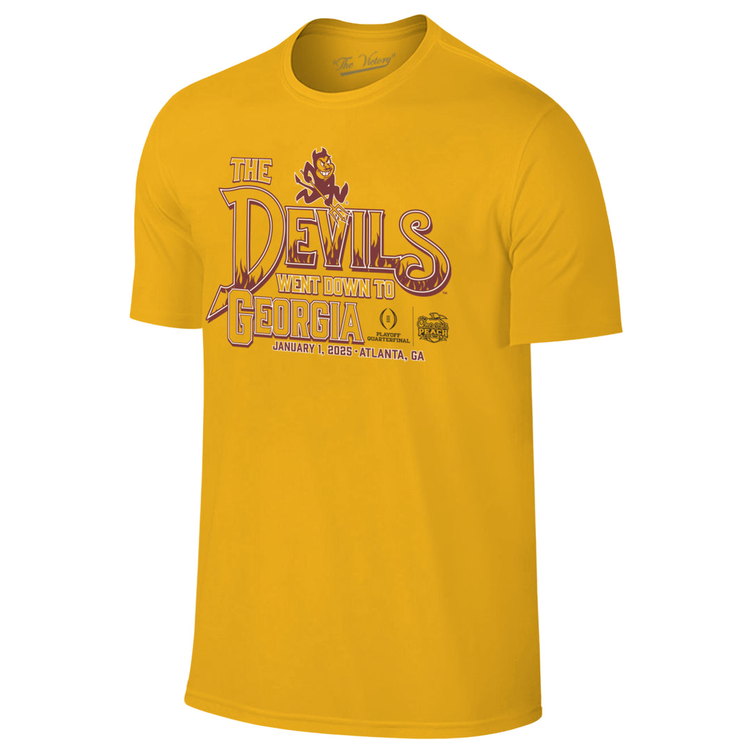 Short sleeve tee with "The Devils Went Down to Georgia, January 1, 2025" in gold stacked writing with Playoff Quarterfinal and Chick-Fil-A Peach Bowl logos in white print next to it