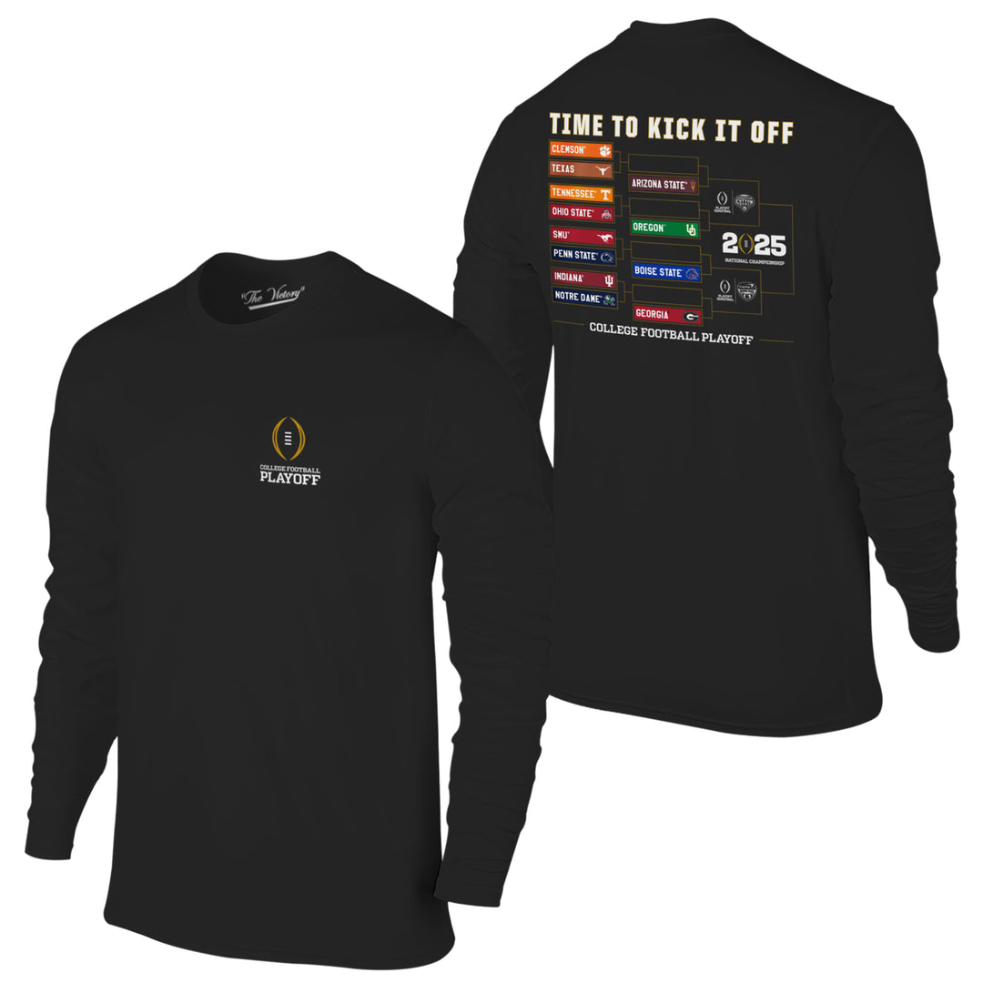 Black long sleeve shirt featuring College Football Logo on the front left chest area. The back of the shirt reads "Time to Kick it Off", and underneath the text is the 2025 CFP bracket, with the text "College Football Playoff" below the bracket. 
