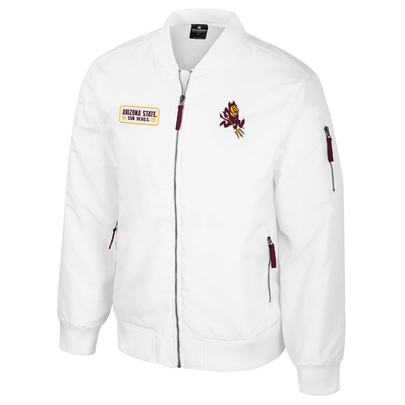 Bomber style jacket, Sparky on left breast, rectangular patch with Arizona State above Sun Devils with gold trim, side zipper pockets on each side, left sleeve with approximate 3 inch zipper three inches from shoulder, maroon pull tags on each zipper