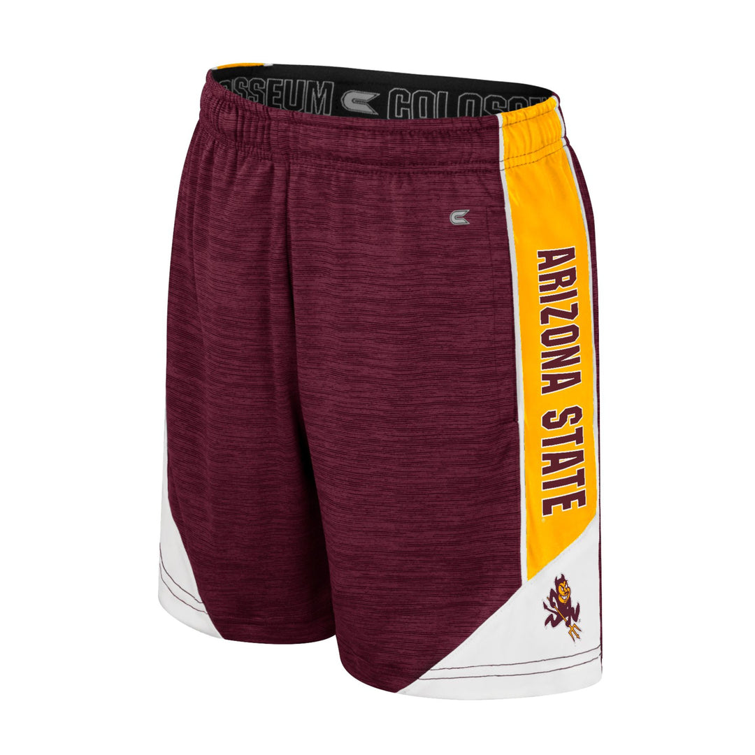 Youth maroon shorts with a gold and white stripe down the side of the legs and white detailing on the bottom of the leg. Text down the gold stripe that says 'Arizona State'. Sparky logo on the bottom left leg. Elastic waistband and basketball short style. 