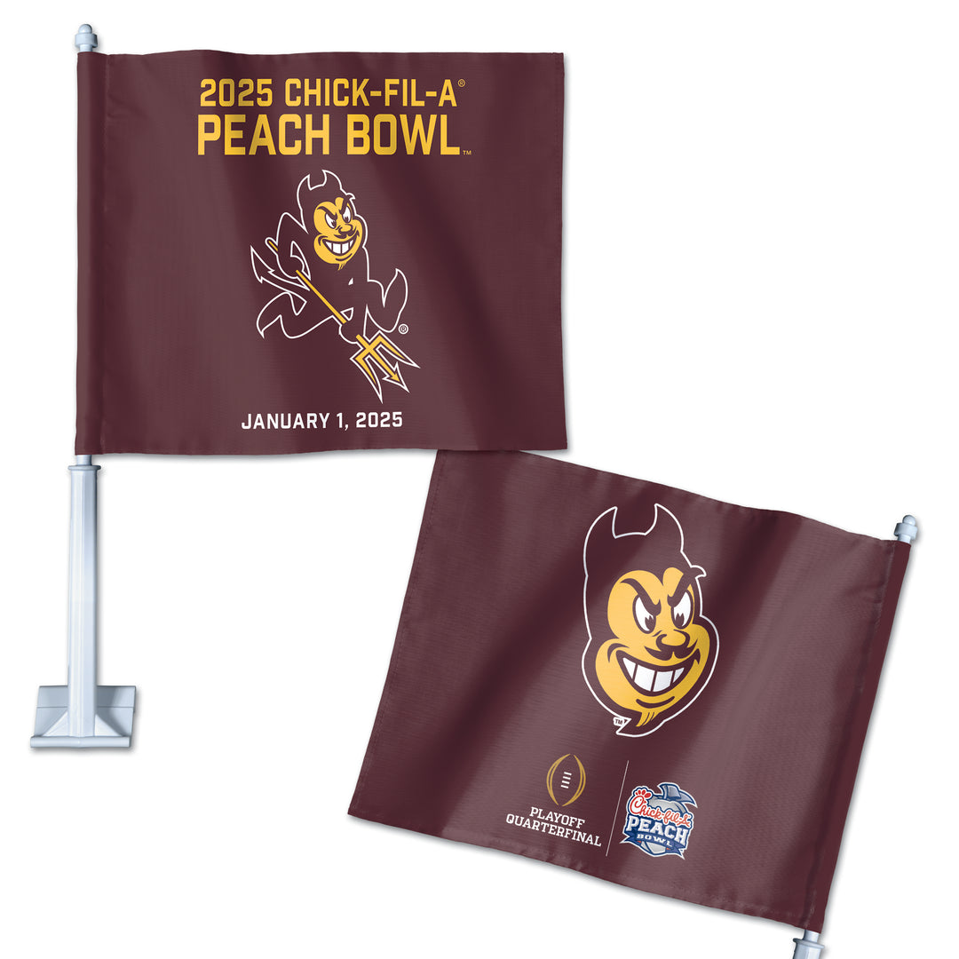 Maroon car window flag "2025 Chick- Fil-A Peach Bowl" over charging Sparky January 1, 2025" at the bottom