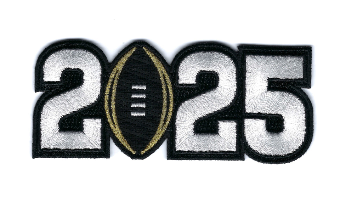 Black and white patch shaped like 2025, the zero is a football with gold sides