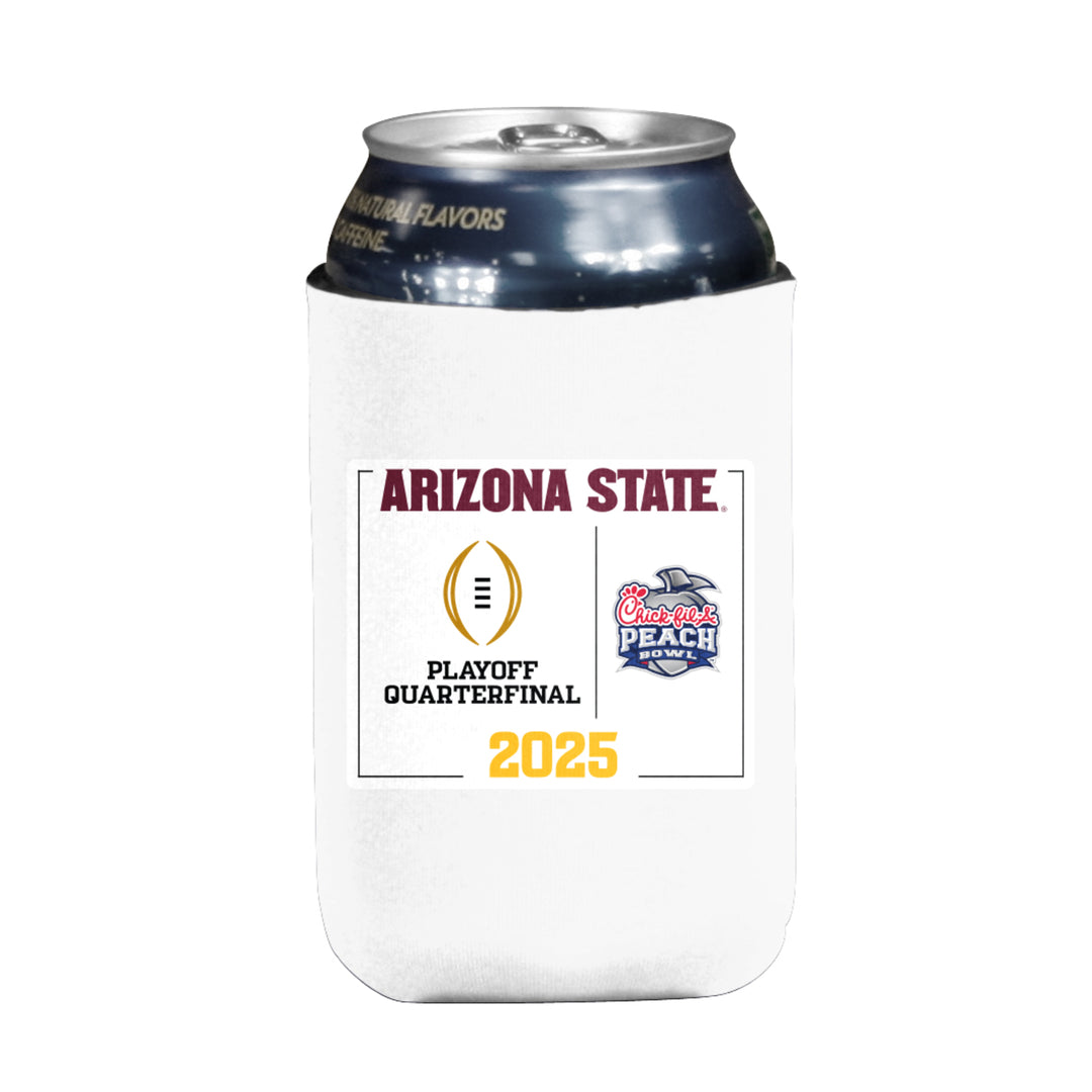 White can coozie with stiching on either side "Arizona State" in maroon on top, Playoff Quarterfinal and Chick-Fil-A Peach Bowl logos in the center, "2024" in gold on the bottom