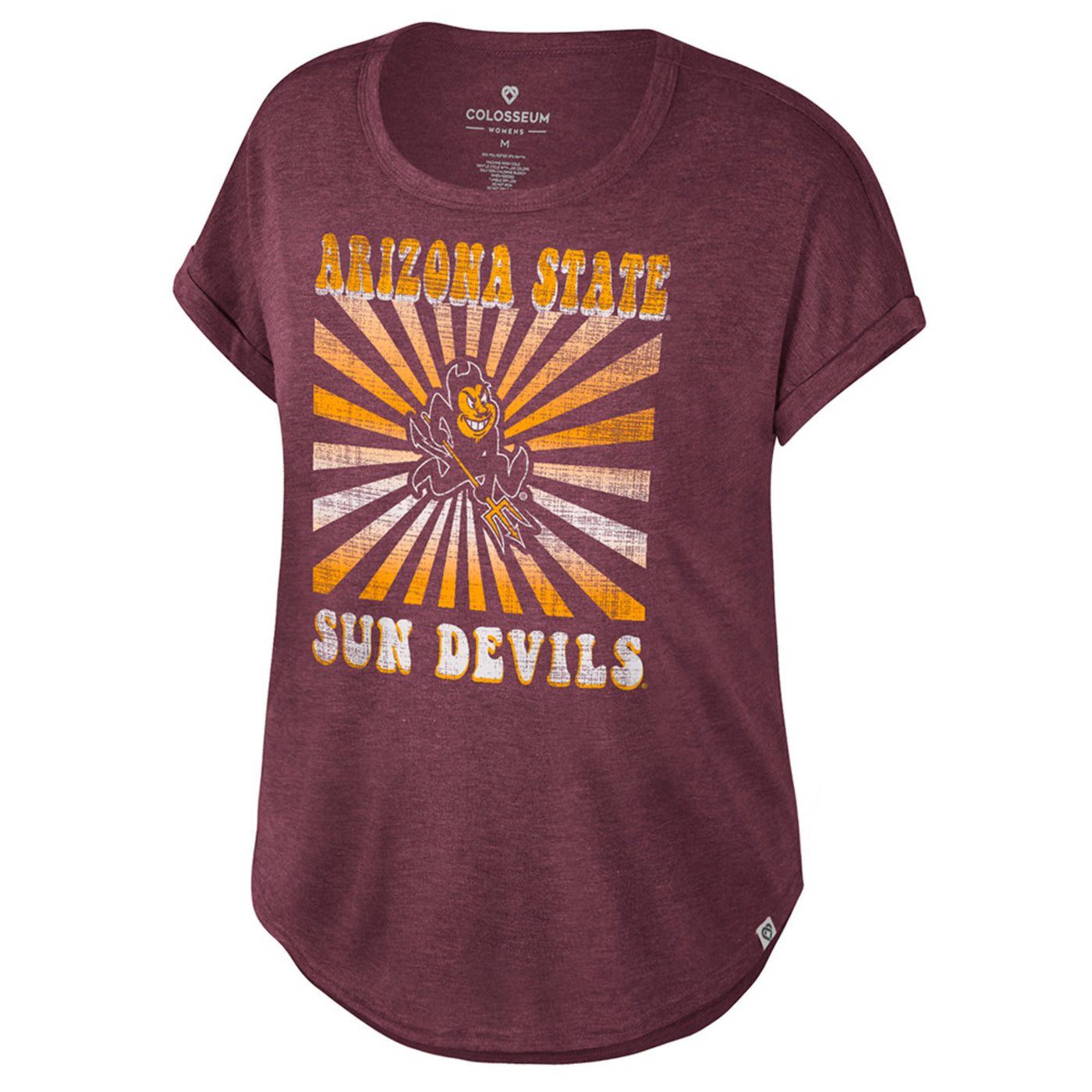 ASU maroon ladies t shirt. Across the chest is 