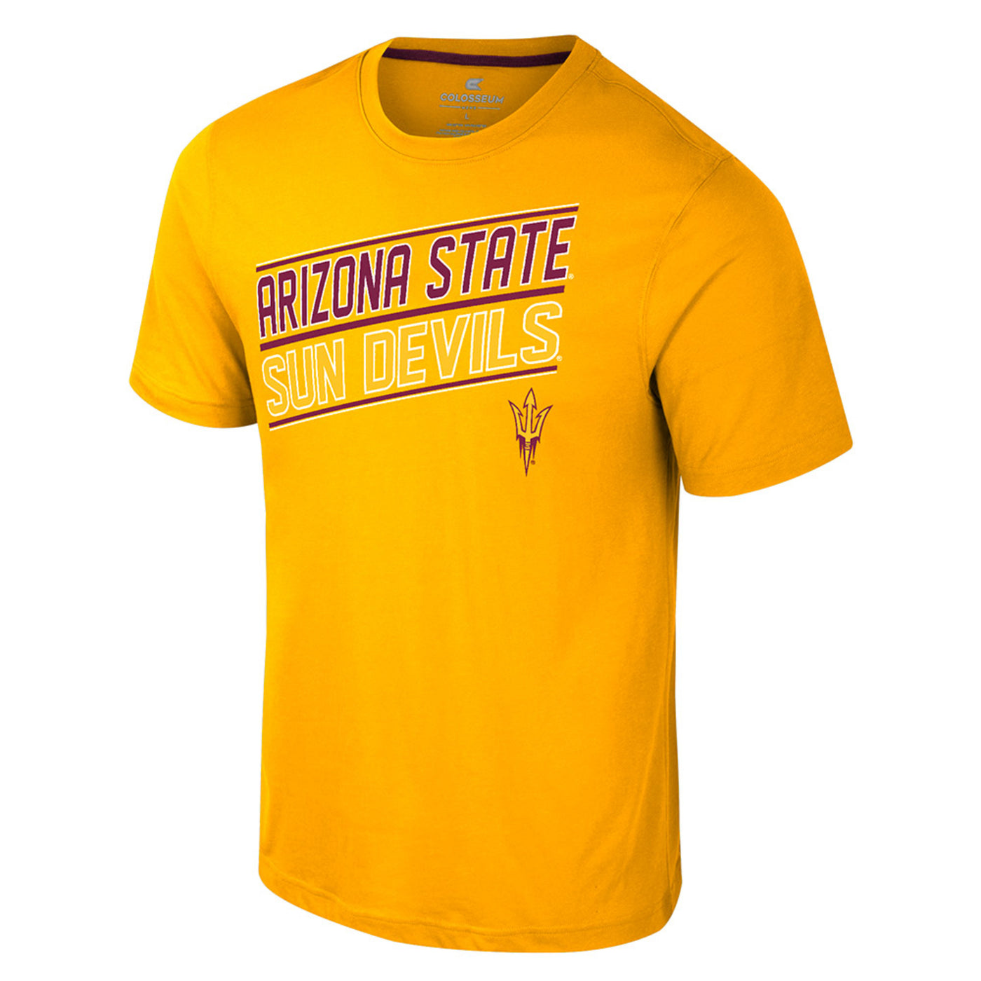 ASU Gold tee shirt with tilted 'Arizona State' in maroon over 'Sun Devils' in gold outlined in white. There is a small pitchfork logo. The material is a 60% polyester and 40% cotton blend.