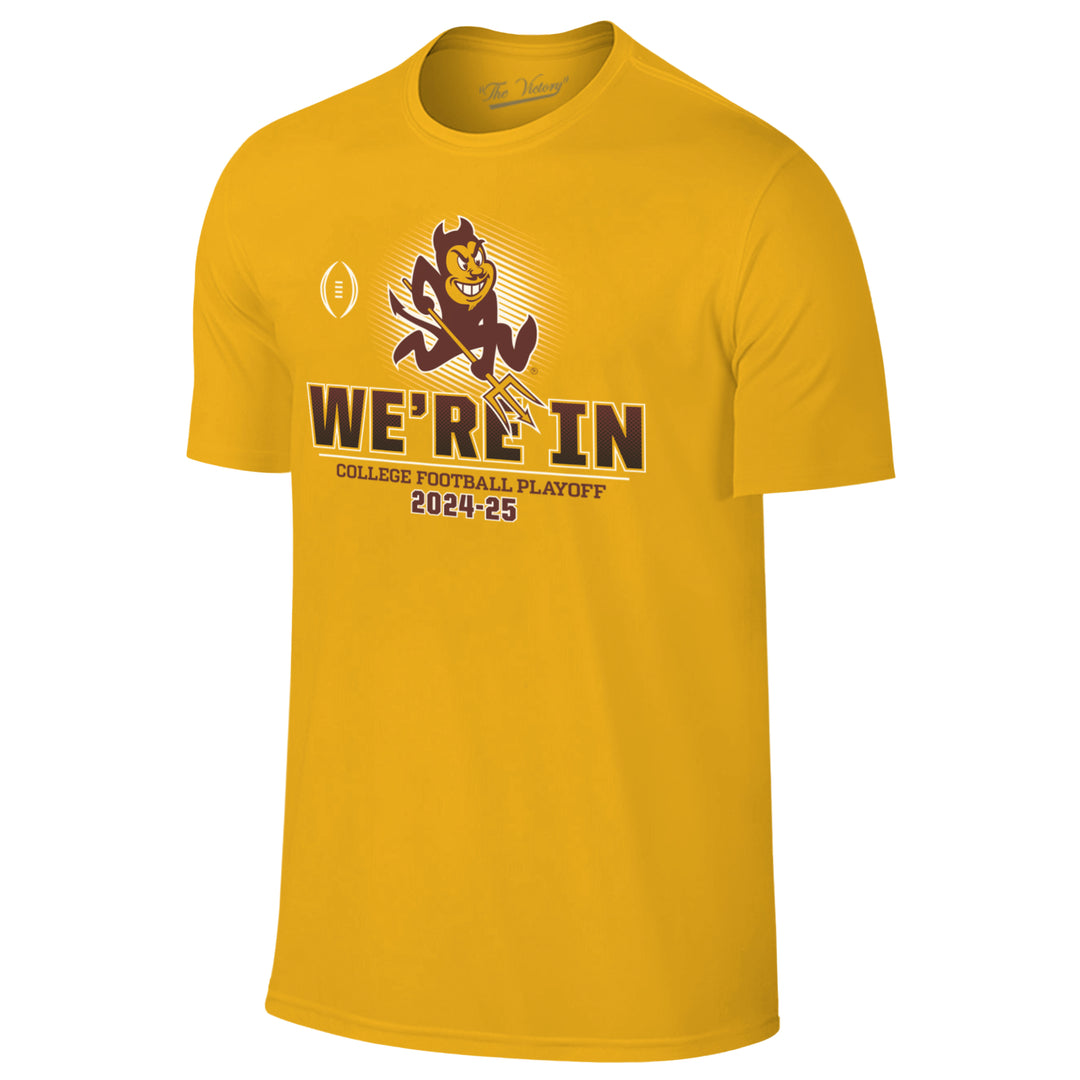 Gold short sleeve shirt featuring a large Sparky logo in the middle, with large text below reading "We're In". Underneath that is text reading "College Football Playoff 2024-25"