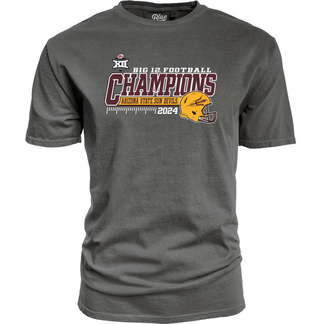 Faded black short sleeve tee 12 Championship logo to the upper left of "Big 12 Football" in white writing on top, "Champions" in maroon with white outline, above "Arizona State Sun Devils" in maroon over white banner, football field marking in white with "2024" next to maroon outlined gold football helmet with maroon pitchfork