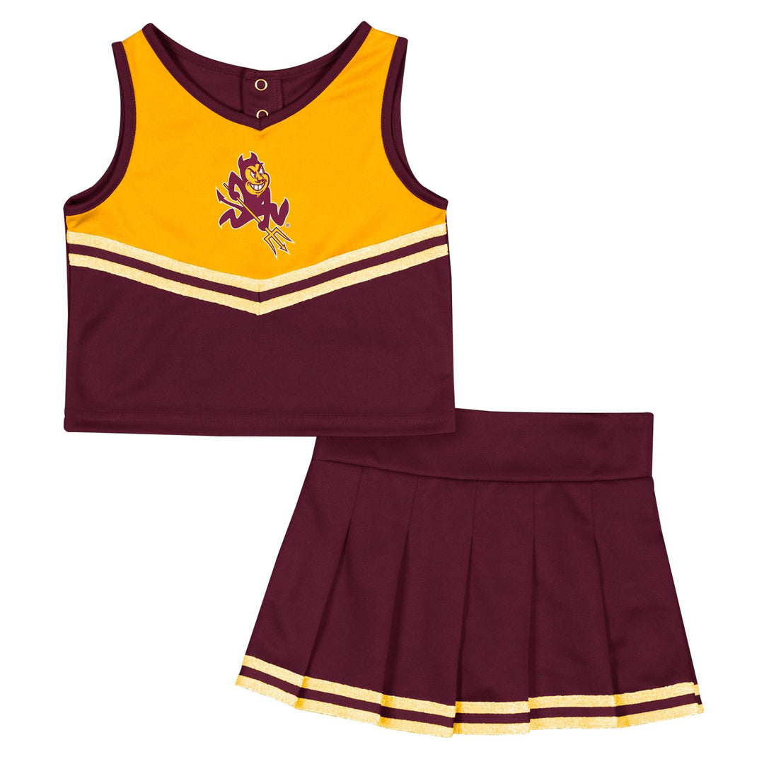 Girls cheer uniform set. This is a two-piece set that comes with a tank top and a matching skirt. The tank top has a snap closure and is gold on the top and maroon on the bottom, separated by a metallic gold striping detail across the center chest. On the gold part of the tank top is a Sparky logo. The matching skirt is pleated and has the same metallic gold striping detail on the bottom. 