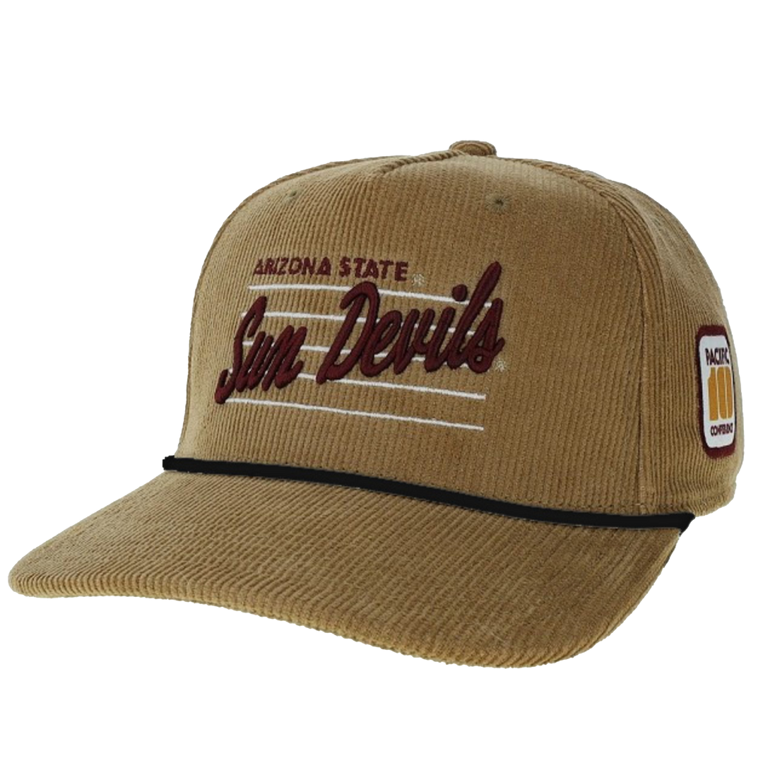 Khaki corduroy with maroon outlined "Pack 10 Conference" on left side, "Arizona State" in maroon over "Sun Devils" in maroon with five white stripes behind it