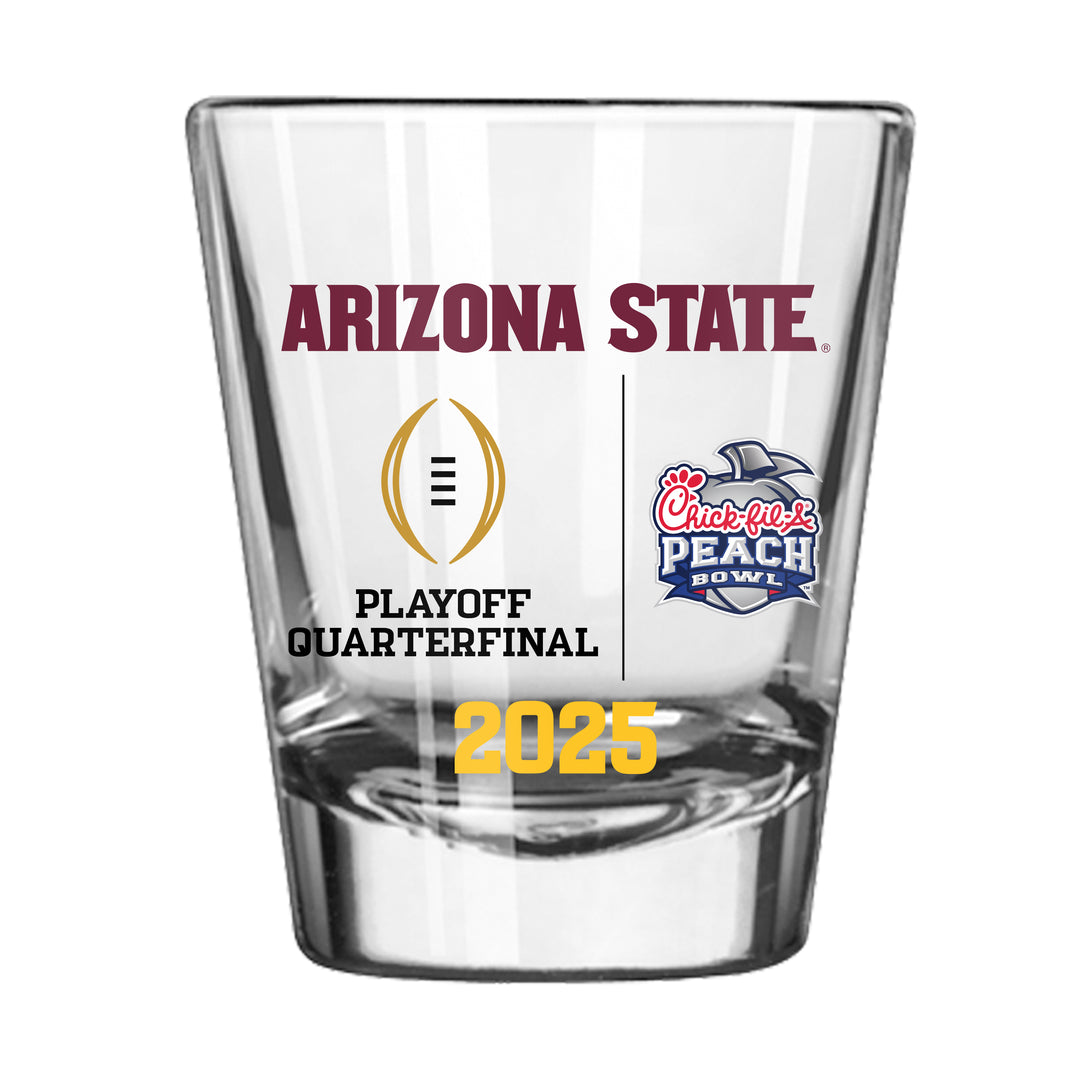 Clear glass with "Arizona State" in maroon at the top, Playoff Quarterfinal and Chick-Fil-A Peach Bowl logos in the center, "2025" in gold at the bottom