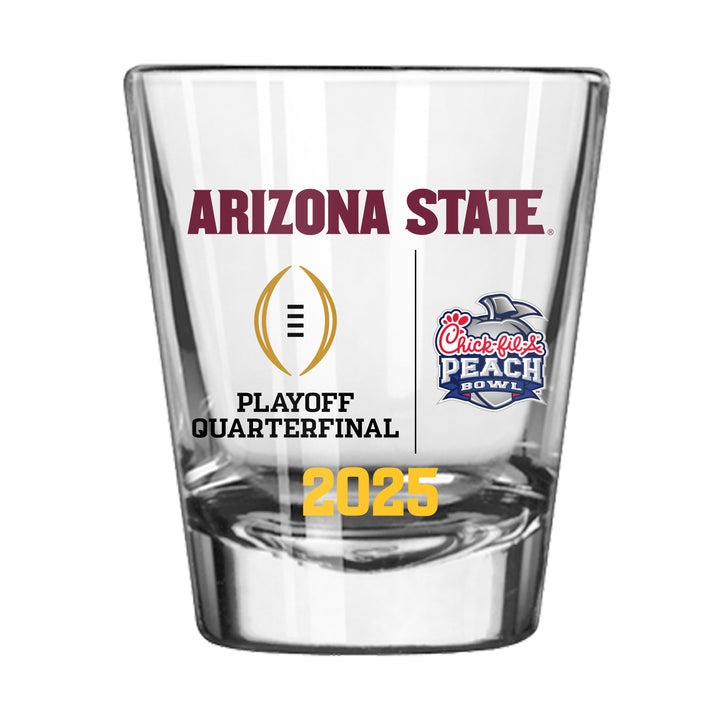 Clear glass with "Arizona State" in maroon at the top, Playoff Quarterfinal and Chick-Fil-A Peach Bowl logos in the center, "2025" in gold at the bottom