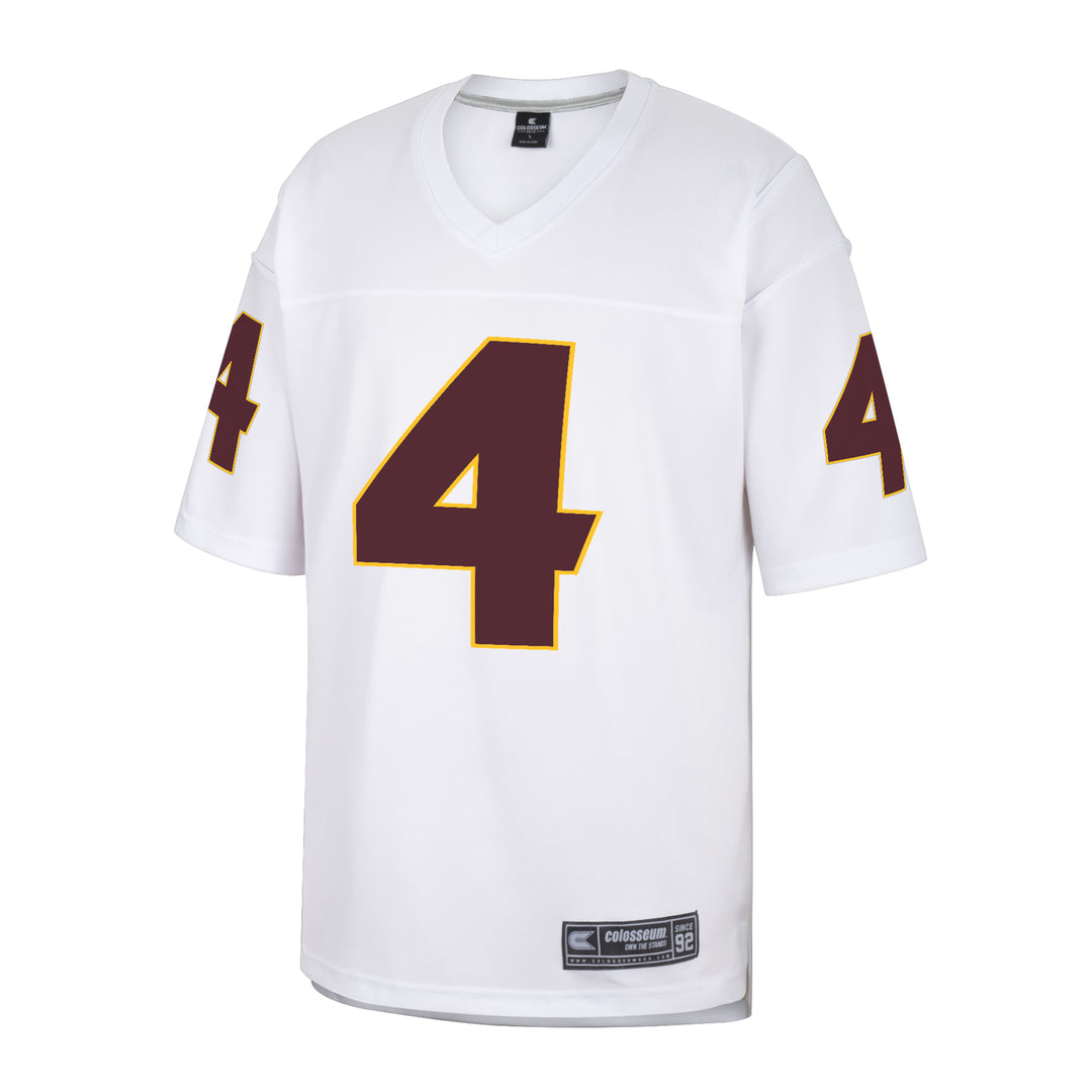 White v-neck jersey with a maroon 4 on the chest and both sleeves.