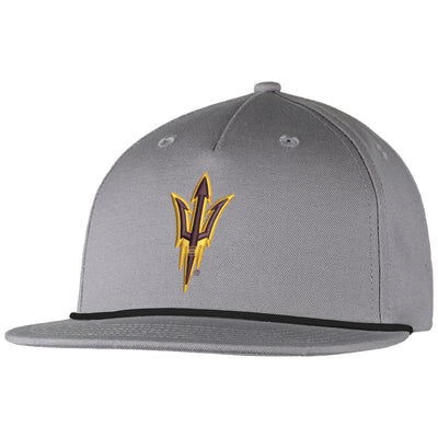ASU grey snapback hat with a pitchfork in maroon outlined in gold and a thin black rope across where the bill meets the hat