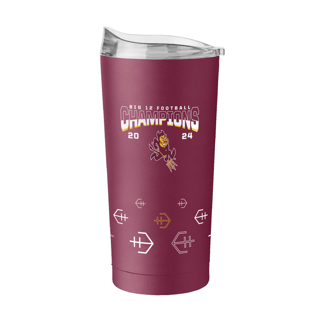 Maroon tumbler with clear sipping lid, 'Big 12 Football Champions 2024' Over charging Sparky with half footballs on the bottom.