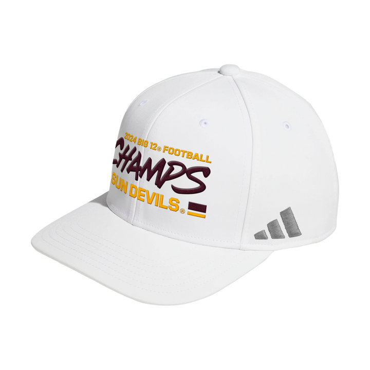 White Adidas snapback hat. "2024 Big 12 Football" written at the top in gold. Below in large writing is "Champs" written in Maroon. Below that is "Sun Devils" written in gold. 