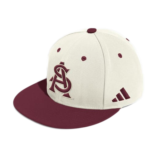 Maroon brim, cream cap with maroon button on top and maroon eyelets, maroon interlocking A&S outlined in white