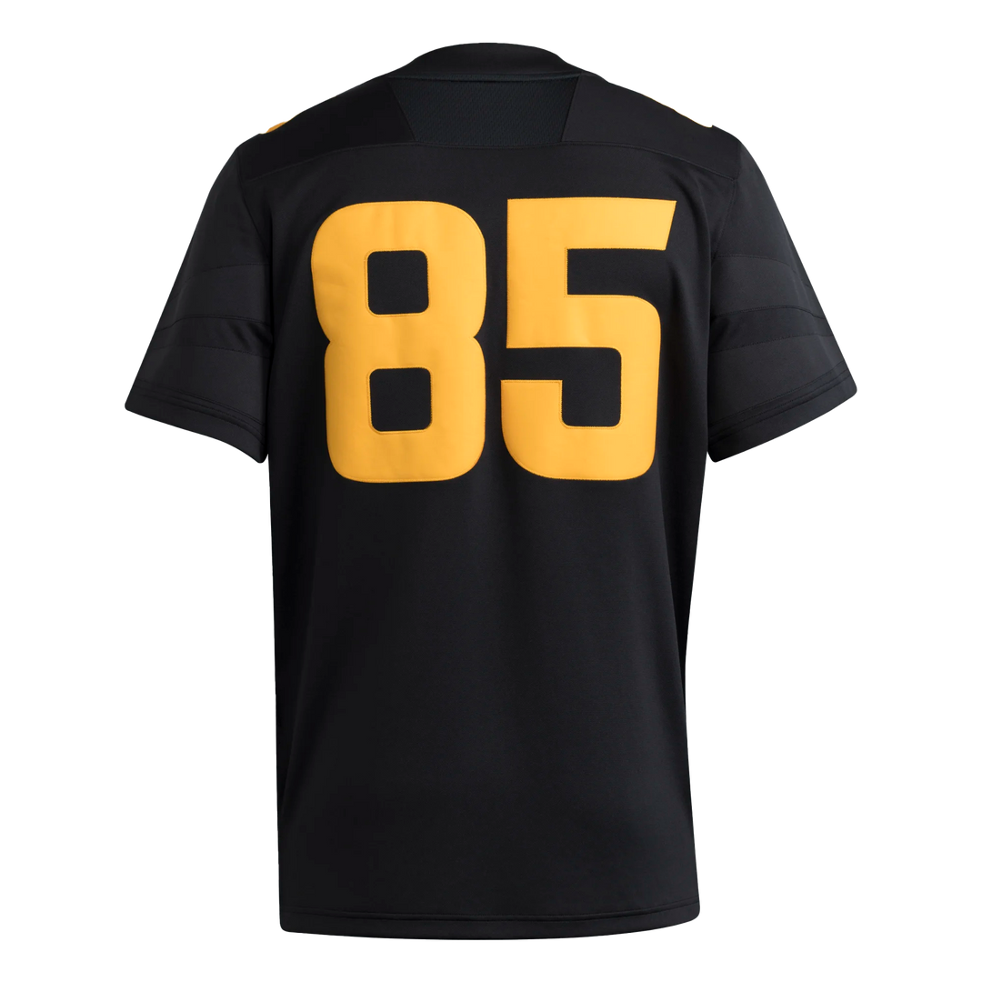 back of black football jersey with #85