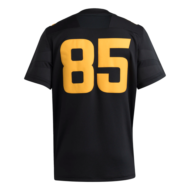 back of black football jersey with #85